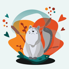 Illustration of a happy fluffy cat sitting on a fresh fish while waiting for dinner. Happy cat dreams