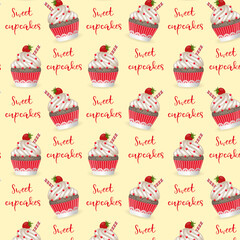 Seamless pattern, cupcakes with strawberries on a yellow background