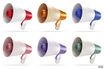 Set of Metallic color megaphone. Cartoon megaphone icons are isolated on white background. 3d megaphone speaker loudspeaker bullhorn for announcing the promotion. 3d vector illustration.