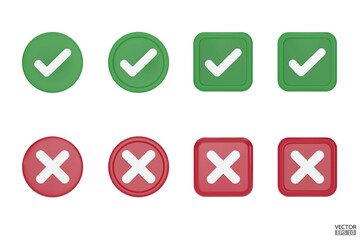 set of 3D Checkmark and X mark icon set. Checkmark right symbol, tick sign. check and uncheck for web and mobile apps. 3D vector illustration.