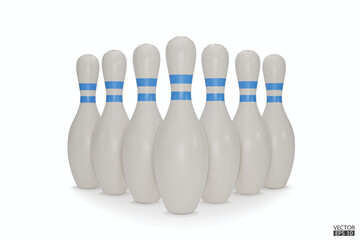 Group of bowling pins. Realistic bowling pins with blue stripes isolated on white background. Bowling icon. 3D vector illustration.