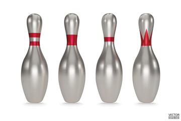 Realistic silver bowling pins with red stripes isolated on white background. Metal Bowling icon. 3D vector illustration.