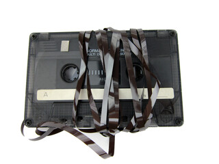 Old cassette tape with loose ribbon