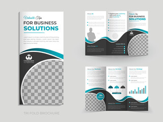 Creative and professional trifold catalog design template with white background, modern and corporate trifold brochure template with abstract cyan and grey color shapes