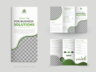 Creative and professional trifold catalog design template with white background, modern and corporate trifold brochure template with abstract light green color shapes
