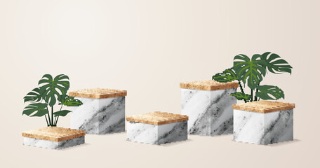 Vector marble podium with wood table top show cosmetic product display stage pedestal design with nature leaves