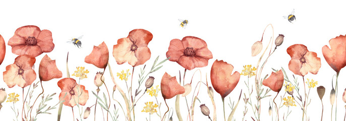 Watercolor floral hand drawn horizontal seamless pattern with illustration of blossom scarlet poppies, yellow wildflowers, herbs, spikelets, bees. Elements isolated on white background. Poppy border.