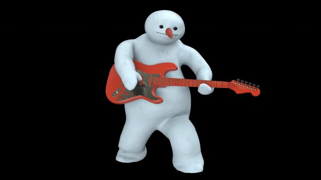 Snowman guitar playing - 3d render looped with alpha channel.