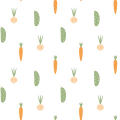 Seamless pattern with carrots, cucumber and onions