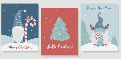 Christmas greeting posters with gnomes. Cute scandinavian gnome girl with lollipop, new year gnome with caramel stick on snowy background with congratulation. Vector illustration.