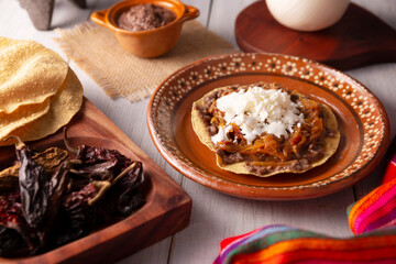 Tostada de Tinga de Res. Typical Mexican dish prepared mainly with shredded beef, onion and dried chilies. It is customary to serve it on corn tortilla tostadas.