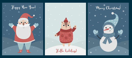 Set of christmas cards, invitation. Merry Christmas greeting cards design with cute Christmas characters Santa Claus, snowman and chipmunk. Vector illustration. Vertical New Year cards