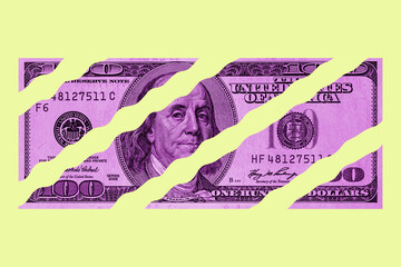 Contemporary artwork background with colored banknote. Digital texture backdrop. Trendy pop art fun culture. Neural network art poster. Funky punk collage design. Creative concept money illustration.