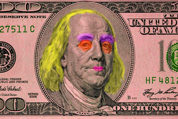 Contemporary artwork background with colored banknote. Digital texture backdrop. Trendy pop art fun culture. Neural network art poster. Funky punk collage design. Creative concept money illustration. © Ded Pixto