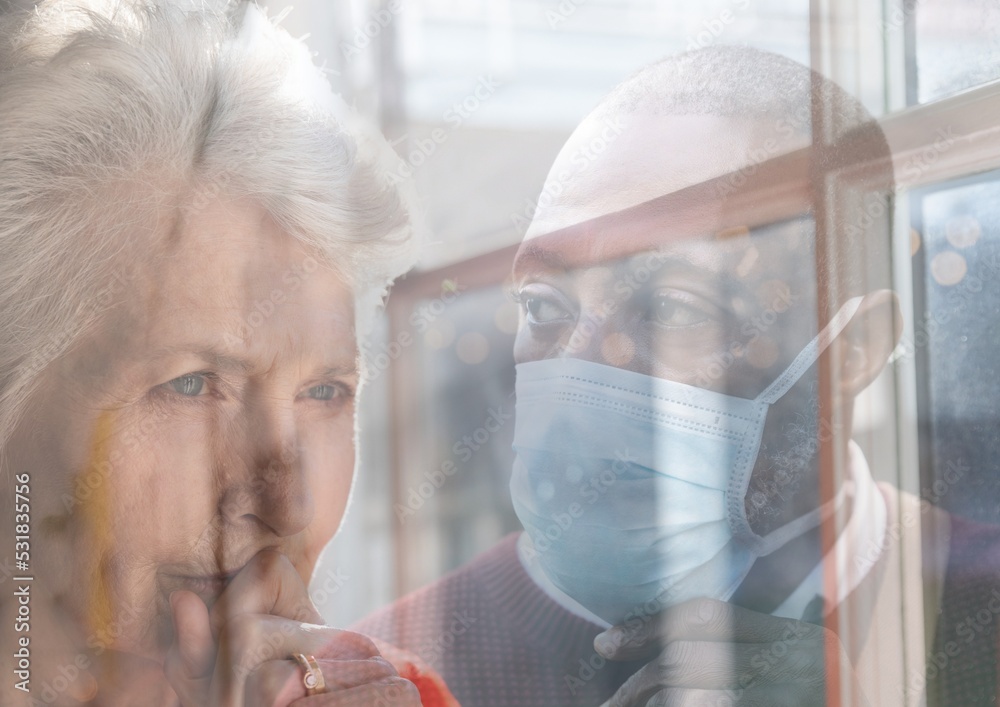 Poster Caucasian woman and Black man looking away