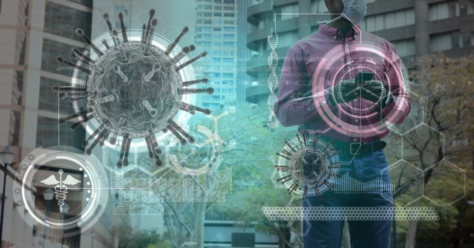 Digital illustration of man wearing coronavirus Covid19 mask in street over cells spreading