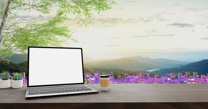 Laptop or notebook computer on a long wooden table, outside, mountain view. The sunlight in the morning shines. work off site by computer The mountain restaurant has a wooden bar. 3D rendering