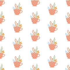 Autumn seamless pattern with mug and leaves