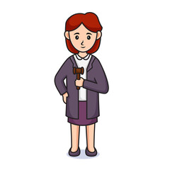 cartoon girl . beautiful women in judge uniform, holding hammer. Isolated on white
