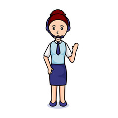 cartoon woman with microphone. Friendly beautiful woman in customer service outfit, airport monitoring tower