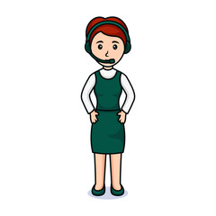 cartoon women. Friendly beautiful women in customer service clothes with microphone