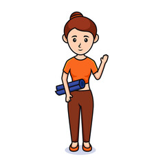 cartoon woman. Friendly beautiful woman in sportswear, holding yoga mat