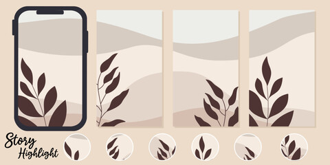 story and Highlight covers backgrounds. Set of botanical icons.boho contemporary style.Vector round social media stories for bloggers.