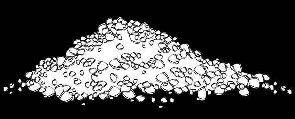 White silhouette of heap of soil or rubble isolated on black background. Design element.