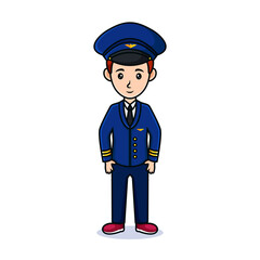 Male pilot character wearing suit, pilot hat and uniform