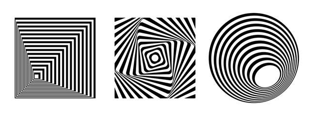 Vector optical illusion figures. Set of deformed squares and circles, ripple effect. Template website icon, digital virtual background, white lines on black.