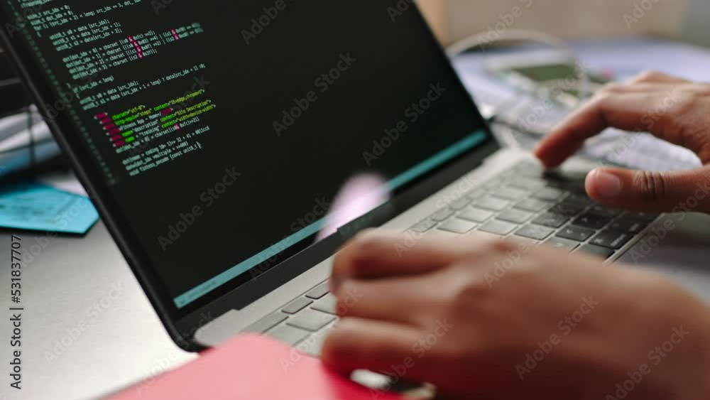 Poster Cyber security, programmer and software hacker on laptop typing code, web design and digital transformation algorithm. Information technology, data science and developer coding ai online on keyboard