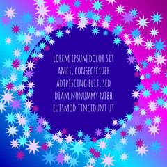Blue vector round frame on purple background with stars.