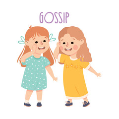Little Girls Friends Gossiping Demonstrating Vocabulary and Verb Studying Vector Illustration