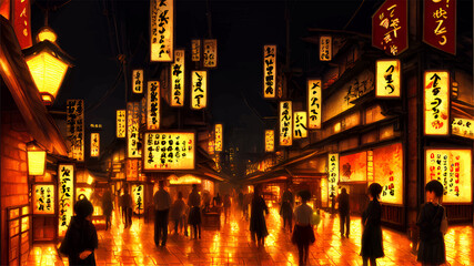 Panoramic view of  traditional Tokyo street on a night in japanese village