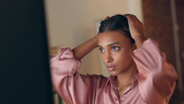 Work anxiety, corporate stress and woman with burnout while reading email on computer, sad about pc glitch and working with problem in office. Corporate Indian intern frustrated and tired at startup