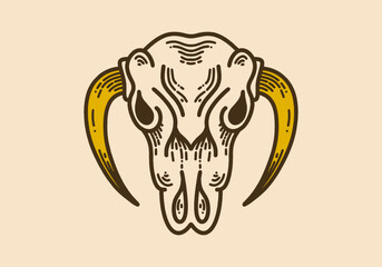 Bull skull with upside down horn vintage retro line art