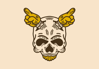 Skull with two hand vintage retro line art