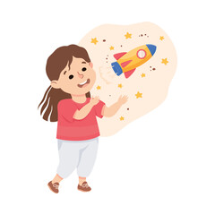 Excited Girl Telling About Space and Galaxy with Rocket and Starry Sky Vector Illustration