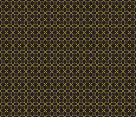 Grating or gold netting pattern. Beautiful, elegant clothing motifs. Geometric patterns, circles, squares, overlapping on a black background.