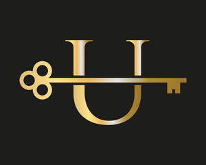 Letter U Real Estate Logo Concept With Home Lock Key Vector Template. Luxury Home Logo Key Sign