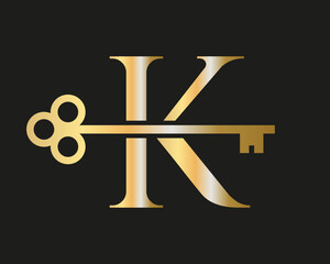 Letter K Real Estate Logo Concept With Home Lock Key Vector Template. Luxury Home Logo Key Sign