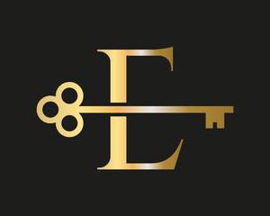 Letter E Real Estate Logo Concept With Home Lock Key Vector Template. Luxury Home Logo Key Sign