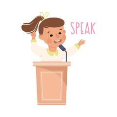 Little Girl Speaking from Tribune Demonstrating Vocabulary and Verb Studying Vector Illustration