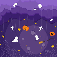 halloween banner. halloween background. halloween day concept. happy halloween background. purple, cute pumpkins and ghost, star, spider web.