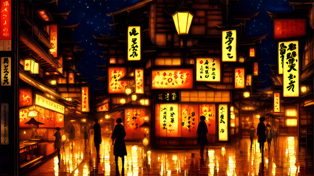 City night light with traditional houses and people in japanese street
