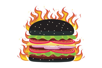 Burger vector. Hot spicy hamburger. Fast food. Hamburger illustration on blazing fire background