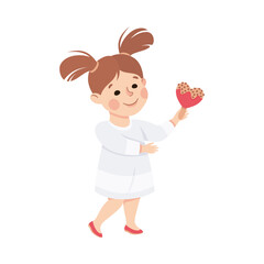 Smiling Little Girl Giving Heart Candy on Stick Sharing with Somebody Vector Illustration