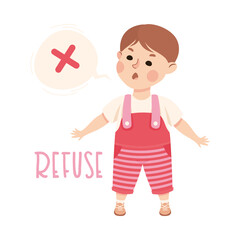 Little Boy Refusing Something Demonstrating Vocabulary and Verb Studying Vector Illustration