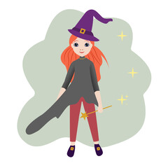Cute red haired girl witch wearing magic hat and holding blasting rod