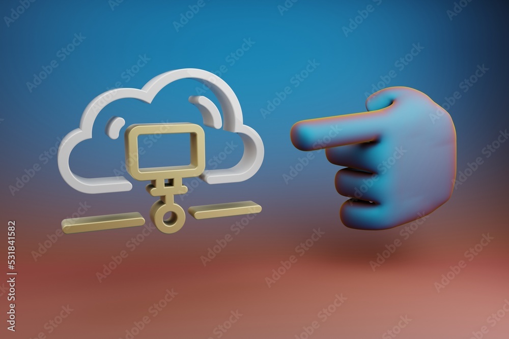 Fototapete Beautiful illustrations abstract Hand index finger points to Cloud Data Storage symbol icon on a multicolor bright background. 3d rendering illustration. Background pattern for design.